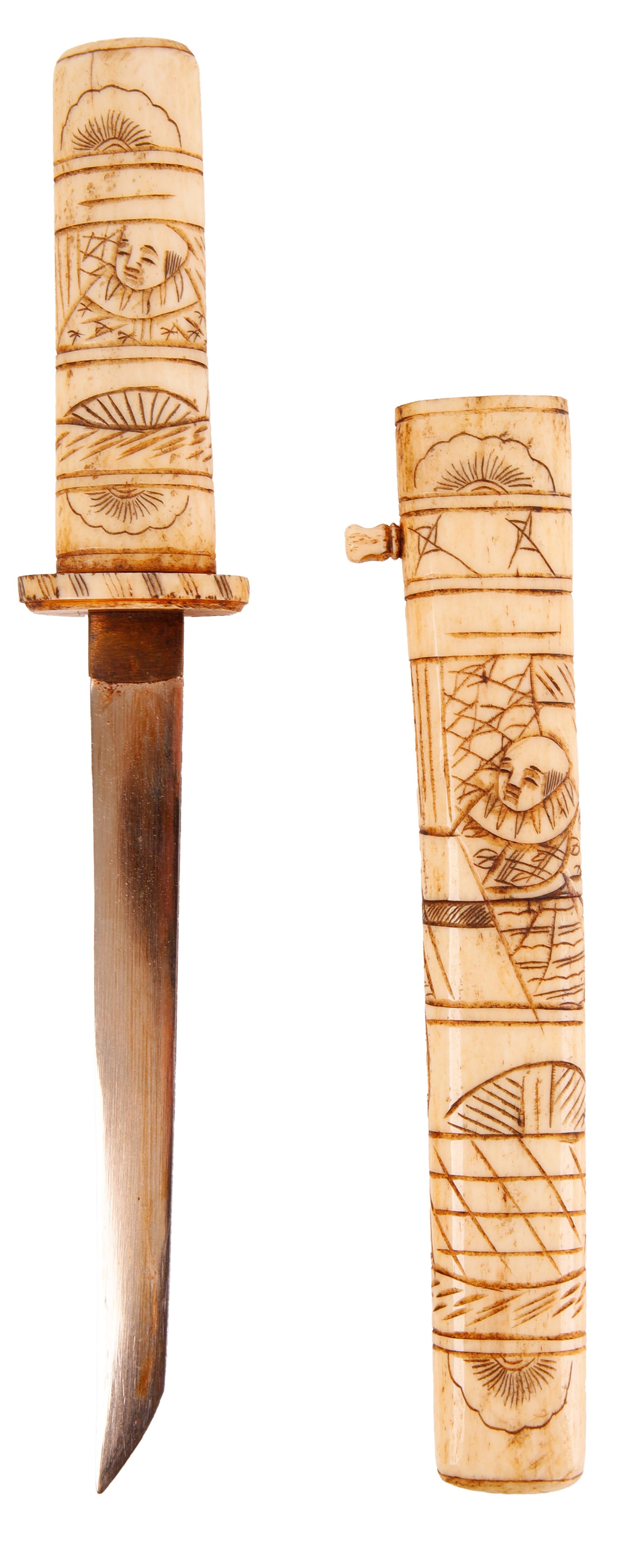 Asian Etched Bone Decorative Sword & Scabbard: A beautifully carved decorative sword with bone handle and scabbard. This scabbard depicts a series of figures from Japanese Buddhism and Shinto. Blade is for show and has some oxidation, with the pri