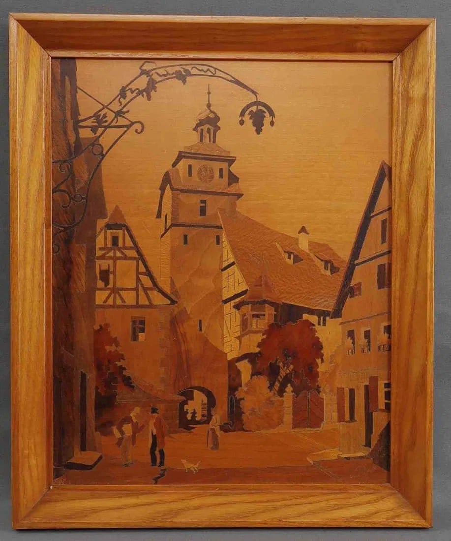 Buchschmid & Gretaux Marquetry Rothenburg Tower: Marquetry inlay picture by Buchschmid & Gretaux depicting Rothenburg White Tower. Initialed bottom right. Dimensions 13.25x11 inches.