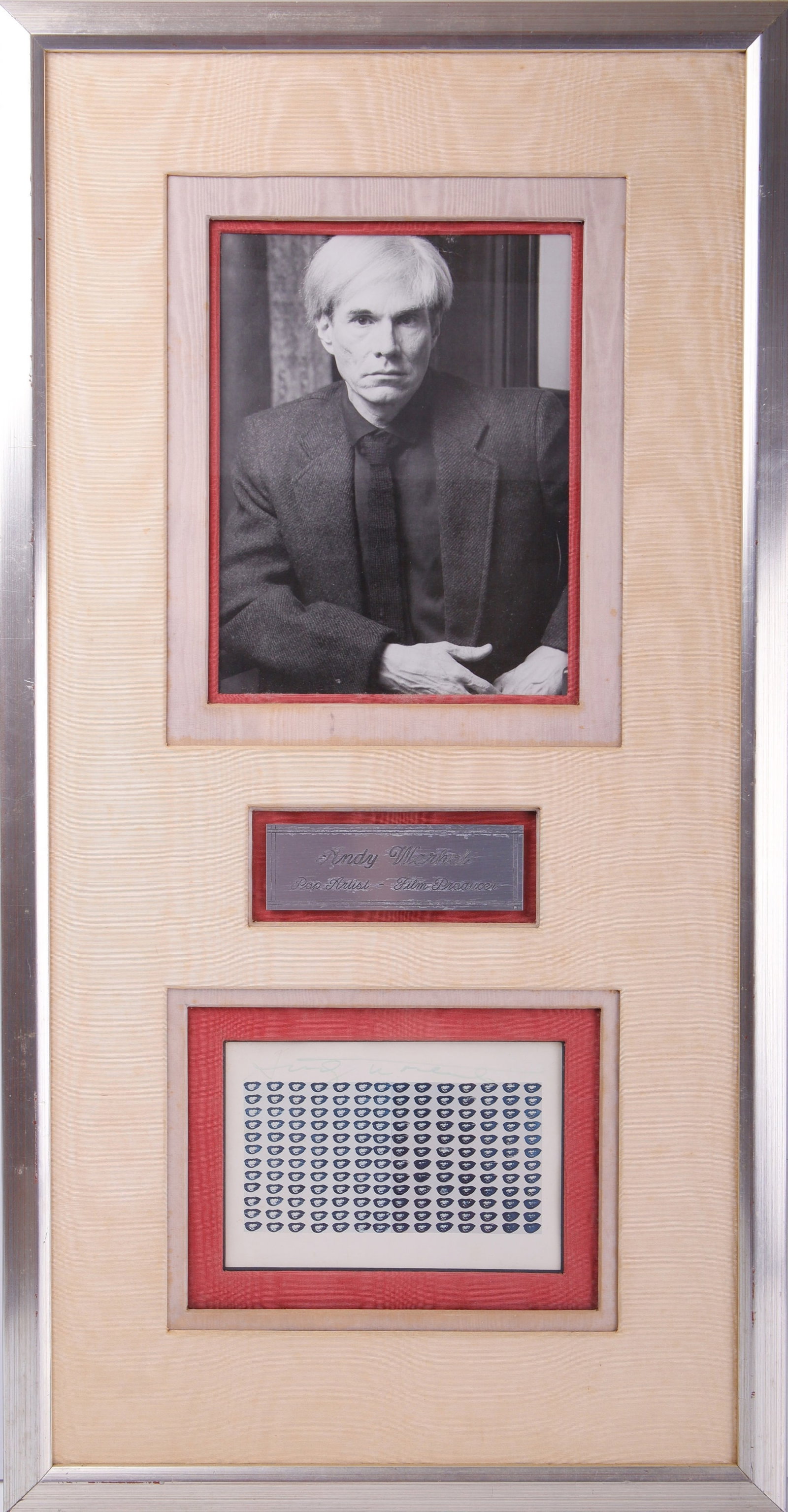 Andy Warhol Framed Autograph: A framed autograph from legendary American artist and film producer Andy Warhol. This autograph has been compared to known historical examples and is deemed authentic according to terms. 18.5x35 inche