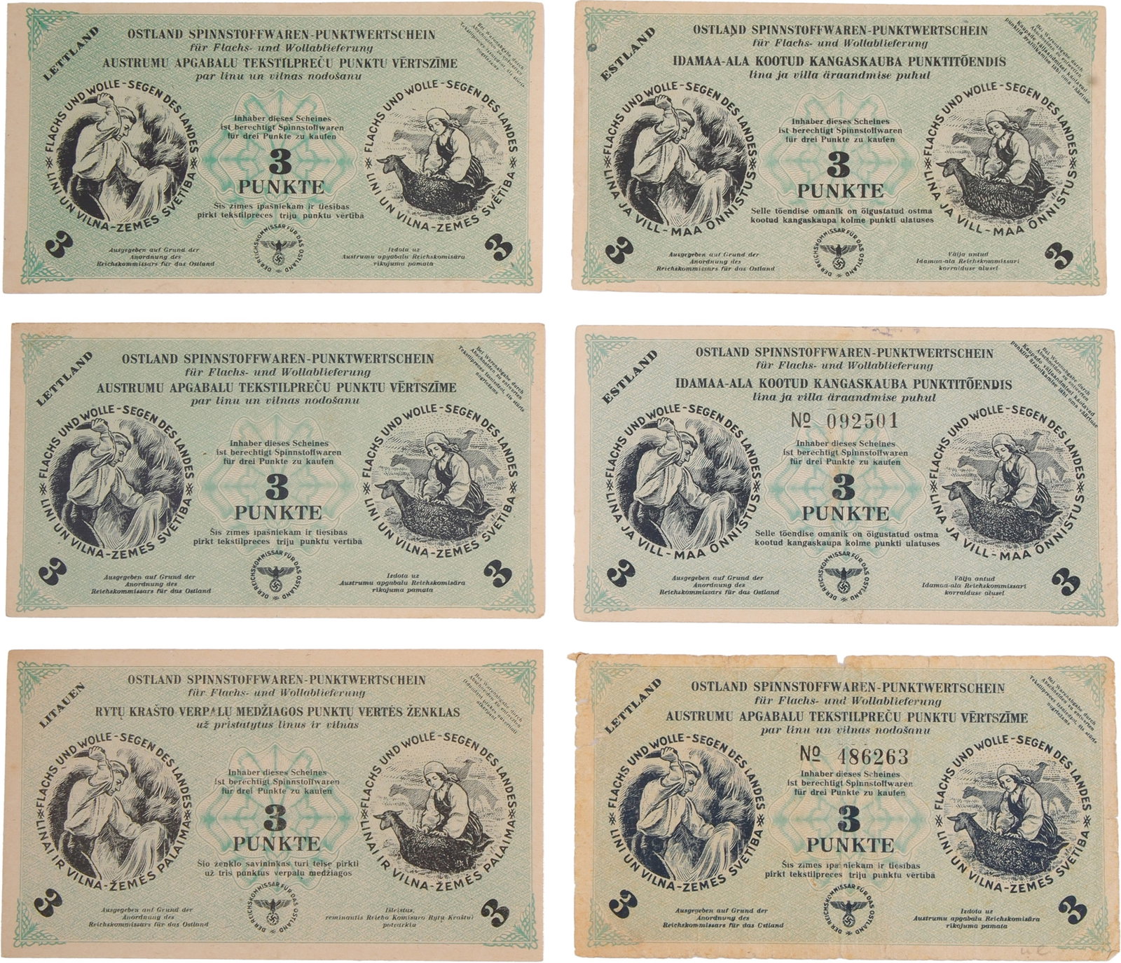 WWII Ostland 3 Punkte Textile Coupons Lot of 6 (1 of 2)