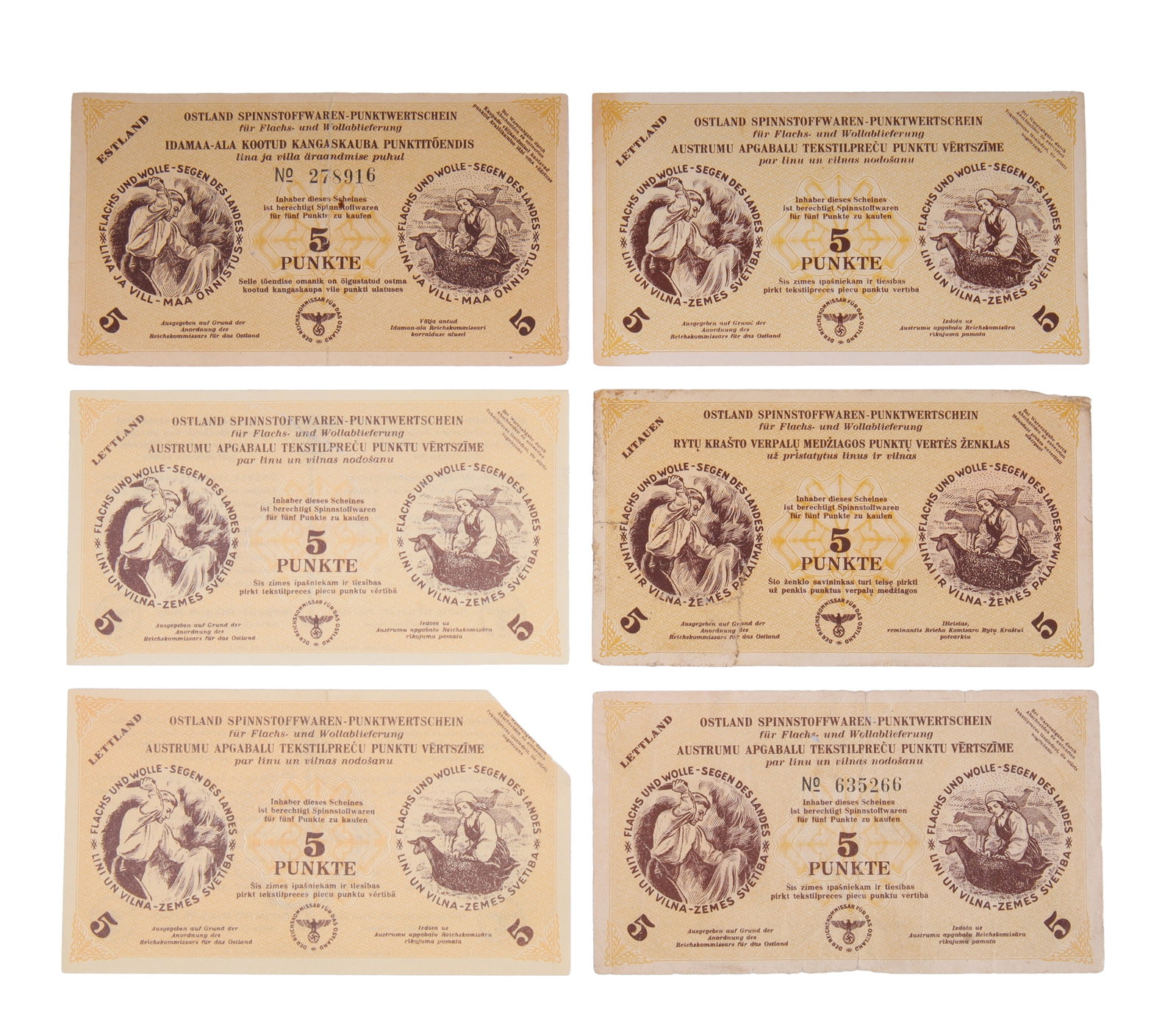 WWII Ostland 5 Punkte Textile Coupons Lot of 6 (1 of 2)