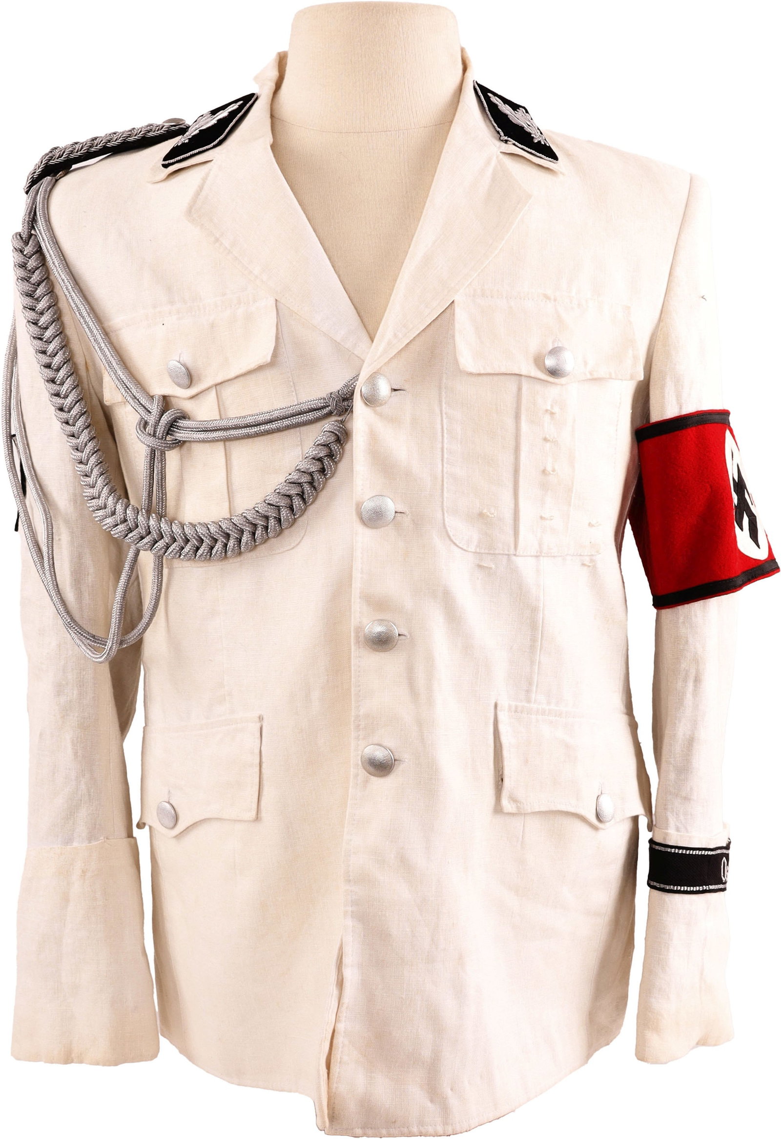 SS Oberfuhrer Linen Tunic WWII German Reich: SS summer linen tunic for Oberfuhrer. It features an SS armband, Oberfuhrer collar tabs, aiguillette, Honor Chevron for Old Guard, BeVo Ost cuff title, braided shoulder boards, and pebbled buttons. Bu