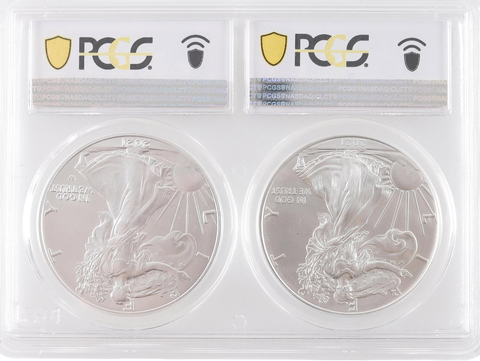 Two 2021 American Silver Eagle Coin PCGS Set: Two MS70 Type 1 and Type 2 Silver American Eagle Coins. Metal: Silver Country of Origin: USA Year Minted: 2021 | This lot has a reserve.