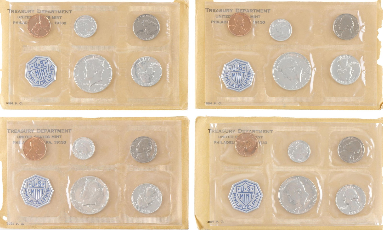1964 US Mint 90% Silver Proof Set Coins Lot of 4: Lot of 4 (four) mint sets in original envelopes. One set contains error on 'I' print. Metal: Silver Country of Origin: United States Year Minted: 1964