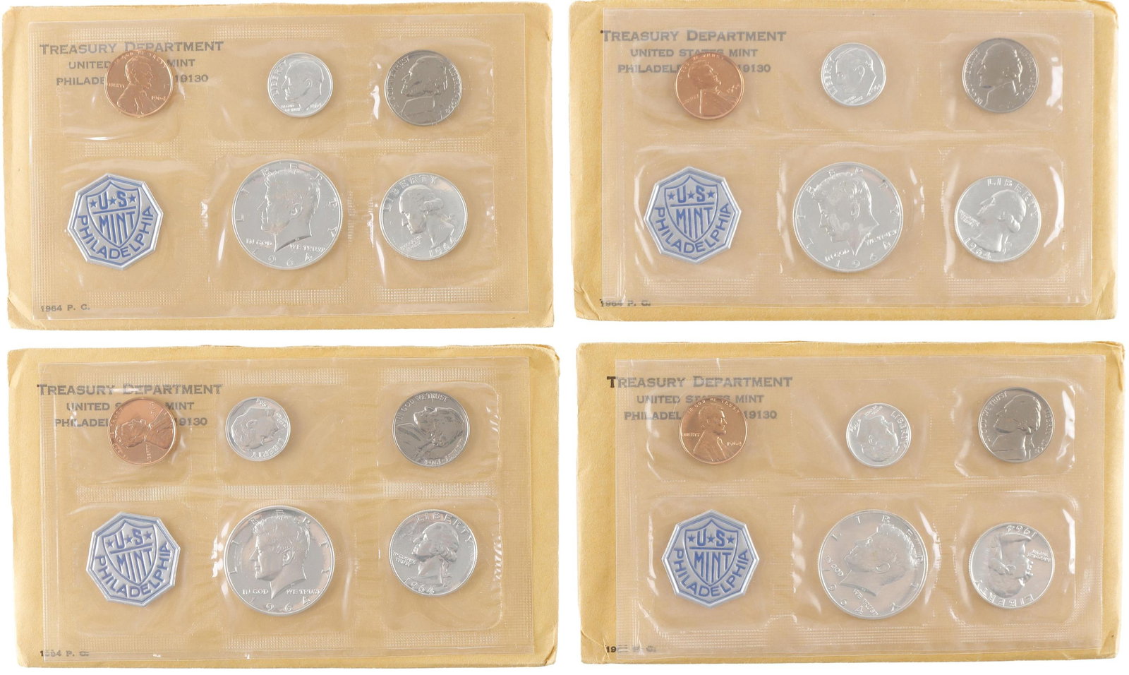 1964 US Mint 90% Silver Proof Set Coins Lot of 4: Lot of 4 (four) mint sets in original envelopes. Two sets contains error on 'I' print. Metal: Silver Country of Origin: United States Year Minted: 1964