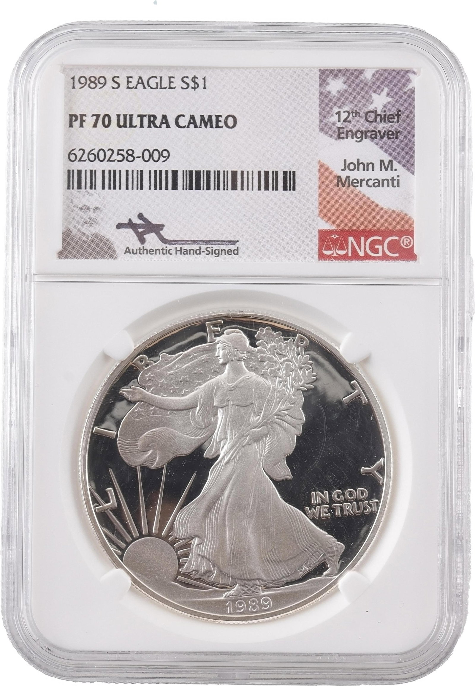 1989 American Silver Eagle Coin Ultra Cameo: 1989 PF70 Ultra Cameo One Ounce American Silver eagle. Metal: Silver Country of Origin: USA Year Minted: 1989 | This lot has a reserve.
