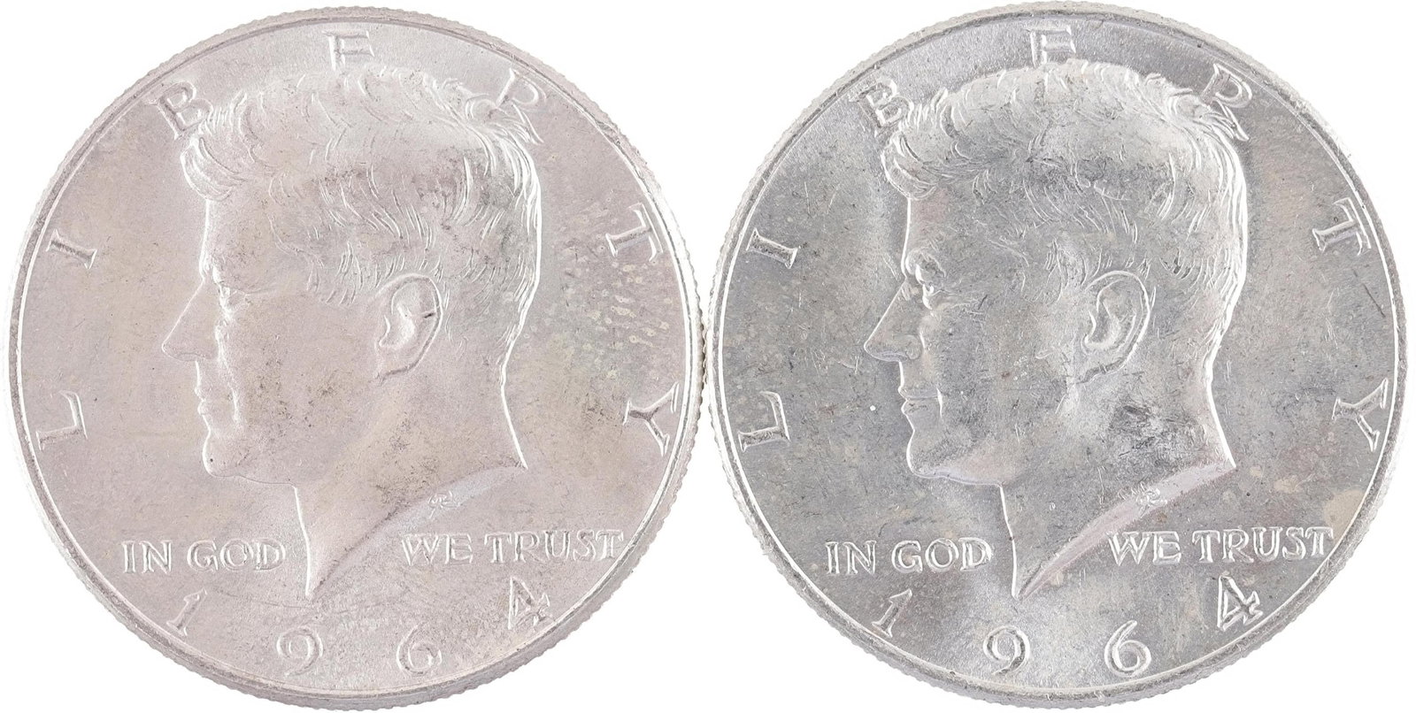 Silver 1964 Kennedy Half Dollar Lot of 2 Coins: Lot of two (2) 1964 silver Kennedy half dollars. Construction is 90% silver. Total weight is 22.5 grams. Metal: Silver Country of Origin: United States Year Minted: 1964 | This lot has a reserve.