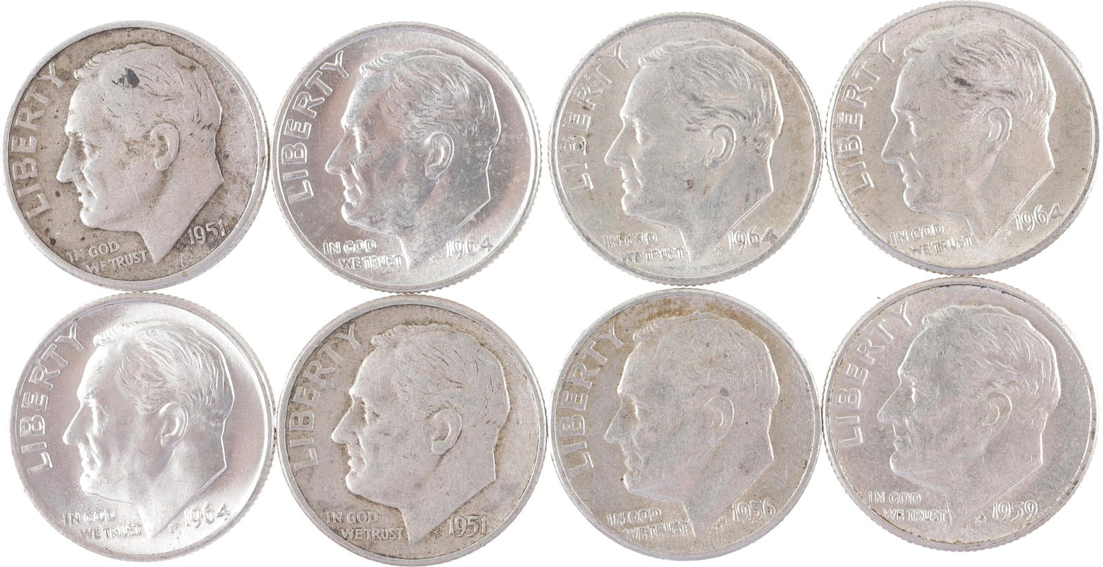 Silver Roosevelt Dimes Lot of 8 Coins 1951-1964: A lot of eight (8) silver Roosevelt dimes. Construction is 90% silver. Mint years include 1951 (2), 1956, 1959, and 1964 (4). Total weight 18 grams. Metal: Silver Country of Origin: United States Year
