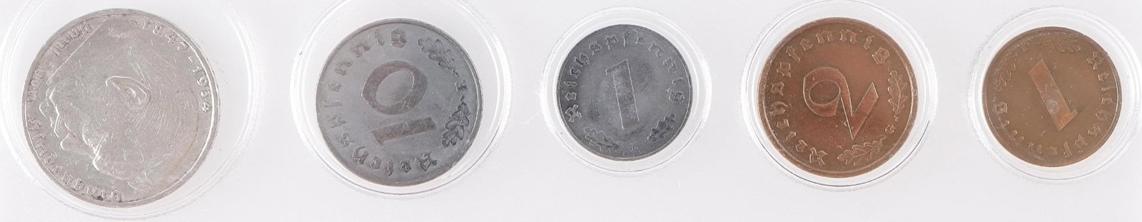 WWII German Reichsmark & Pfennig Coins Lot of 5: Lot of five (5) German coins; Silver two mark with image of Hitler on one side and eagle clutching swastika in wreath on back. 1937; Pewter colored 10 mark piece from 1940. Pewter colored 1 mark piece