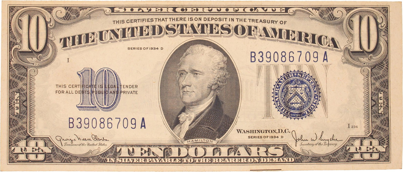 US 1934-D $10 Silver Cert Blue Seal U (1 of 2)