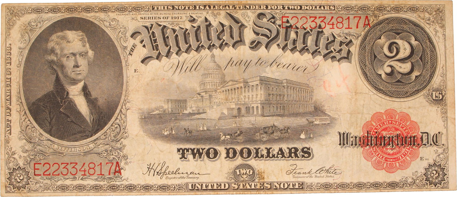 1917 US $2 Large Legal Tender Red Seal F (1 of 2)