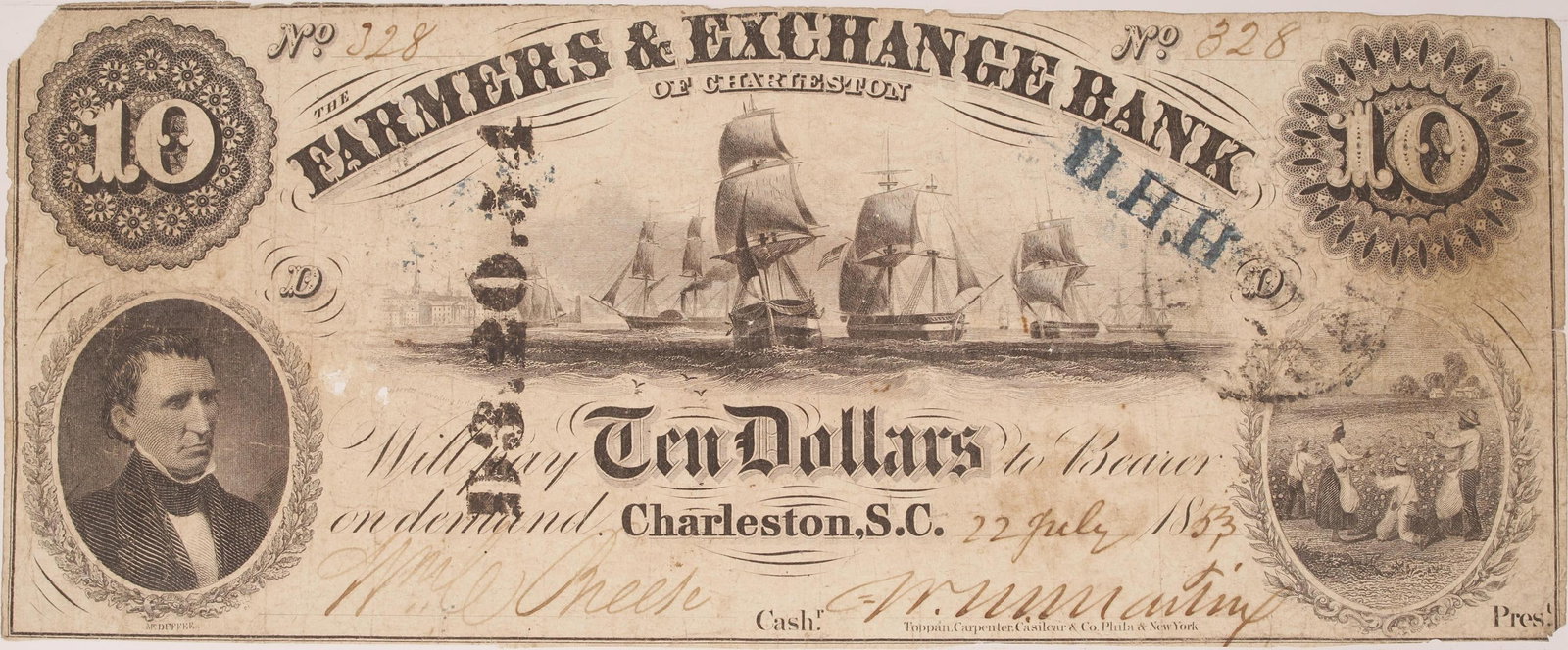 1853 $10 Farmers & Exchange Bank Charleston SC: South Carolina obsolete currency. $10 Farmers & Exchange Bank of Charleston note, dated July 22, 1853. Serial number 328. Obverse displays prominent blue ink "H.H.H" stamp alongside an additional blac
