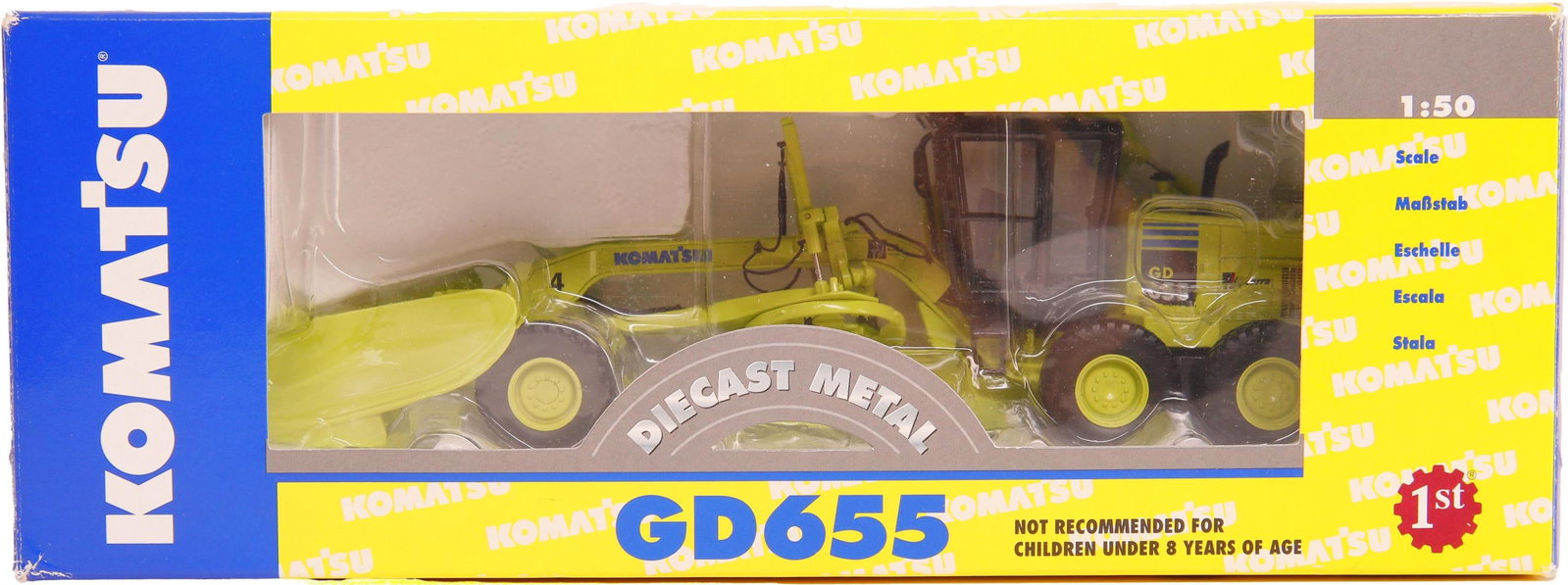 Komatsu GD655 Motorgrader with snow equipment: Komatsu GD655 Motorgrader with snow equipment. Die cast toy with movable snow plow and wheels. Truck is lime green with black tires and black and blue trim. Scale is1:50. Comes in original 11" x 4.5" 