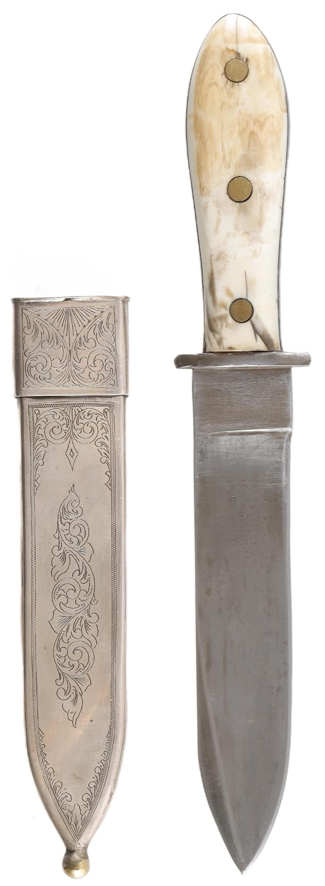 19th C. Bowie Knife Walrus Grip Sterling Silver Scabbard (1 of 9)