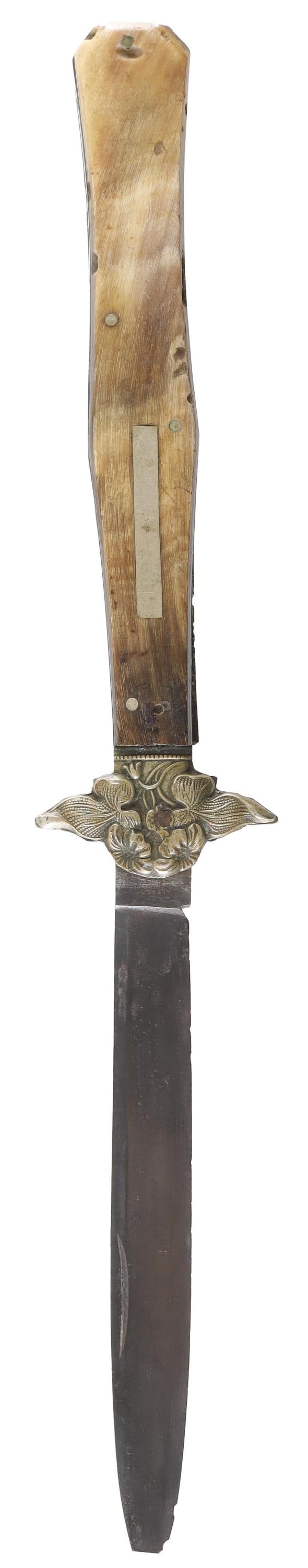 Alfred Davis & Co Pocket Knife: Steel blade with horn grip plates and brass flower pattern. It measures 9 7/8 inches.