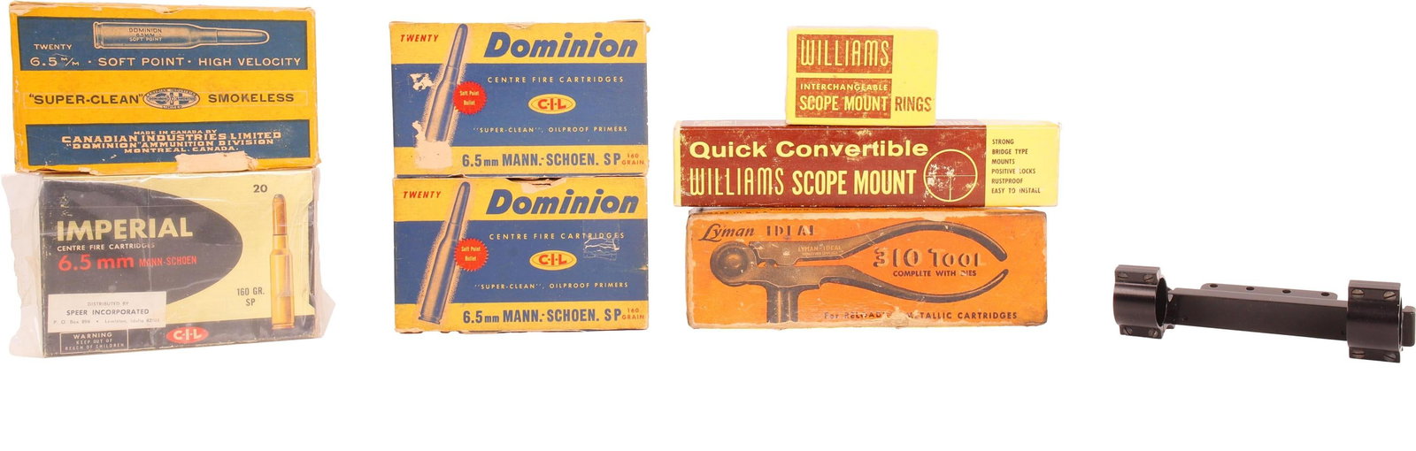 6.5x54 Mannlicher Schoenauer Ammo & Accessories: Lot of seven (7 pieces). Includes 4 boxes 6.5x54 MS rifle cartridges (74 rounds total), Lyman Ideal 310 reloading tool (6.5x53) with dies, and Williams Model SM 52-56 scope mount with 1-inch rings.