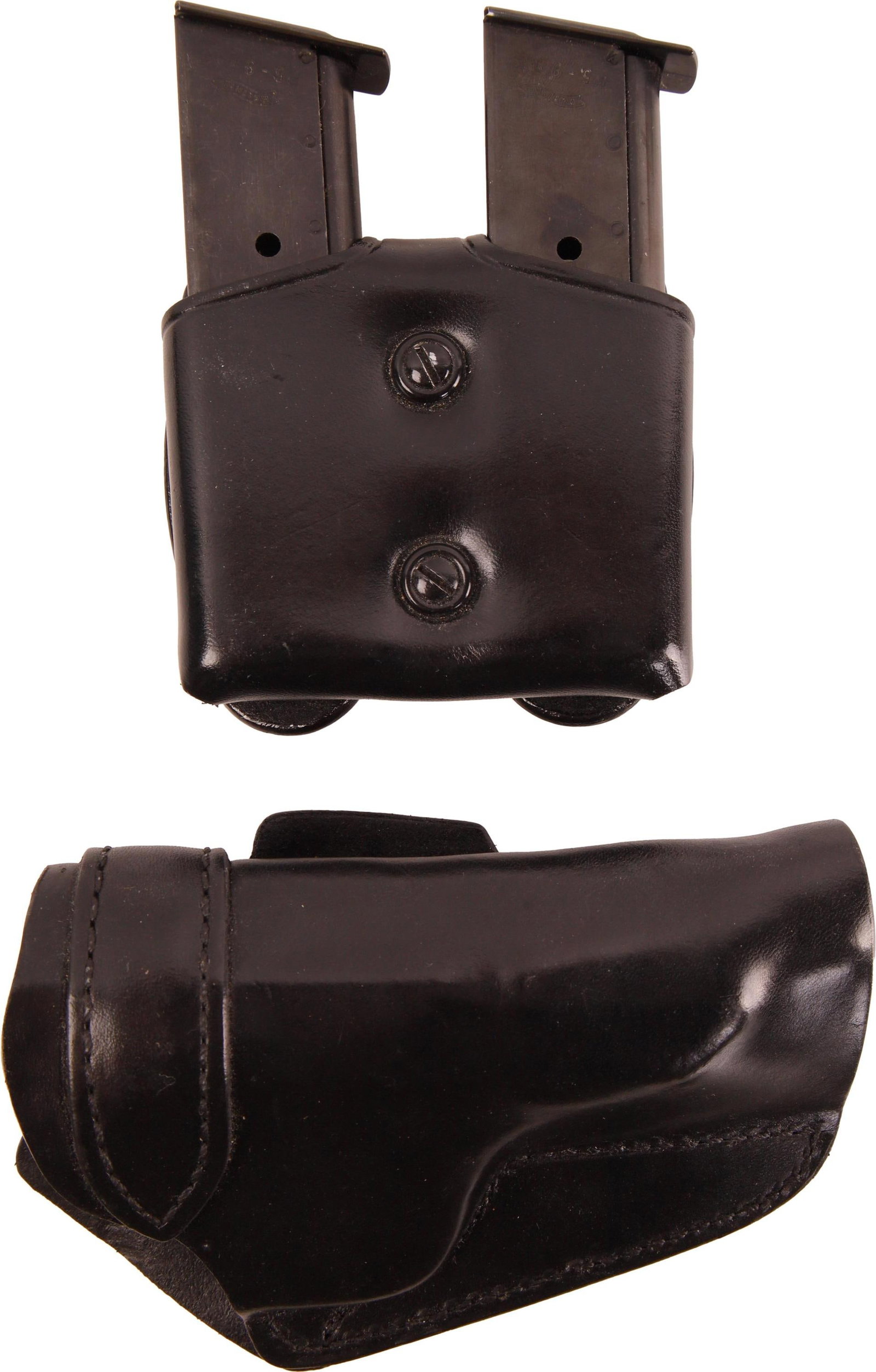 Walther P5 2 Factory Magazines with Pouch, Holster: Lot of four (4) pieces. Includes two Walther P5 8-round factory magazines, Galco OWB magazine pouch and RH OWB black leather holster for Walther P5 9mm pistol (Ted Blocker Holsters Model 24-XD).