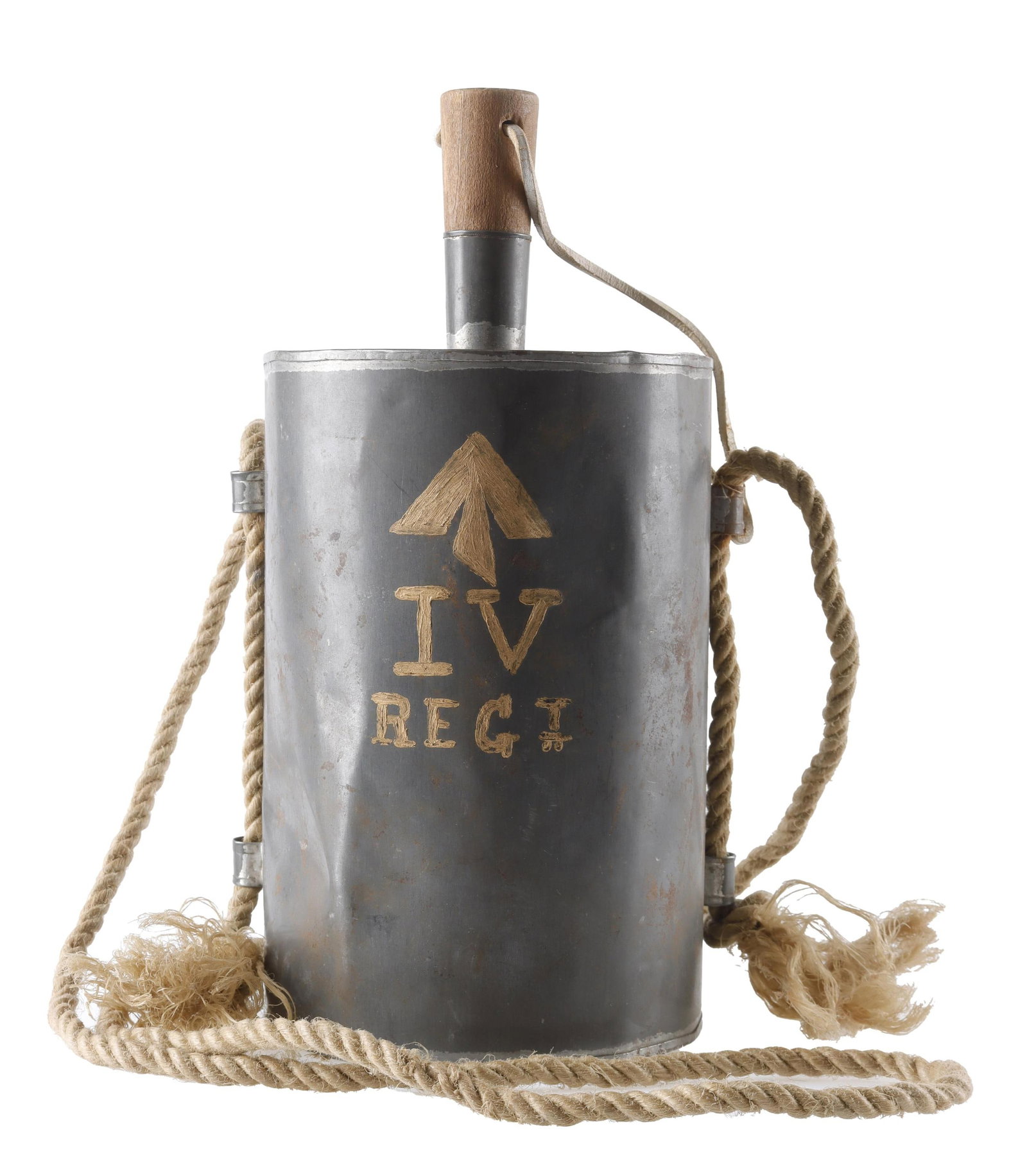 Tin Canteen Broad Arrow United Kingdom: A tin canteen with a painted broad arrow symbol and 'IV REGI,' likely meant to reference the symbol of the 4th Regiment Royal Artillery. The age of this canteen is unclear, as this is a popular privat