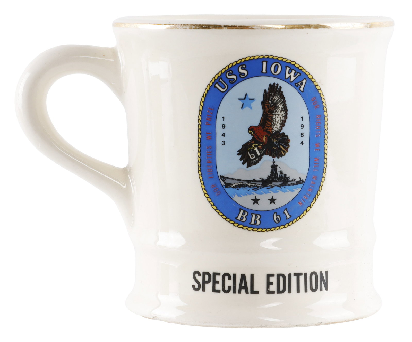USS Iowa US Navy Coffee Mug: Commemorative coffee mug. Depicting seal of USS Iowa with significant dates on back side; date of commission, decommission and recommission during Cold War. Mug is off white with gold trim on lip and 