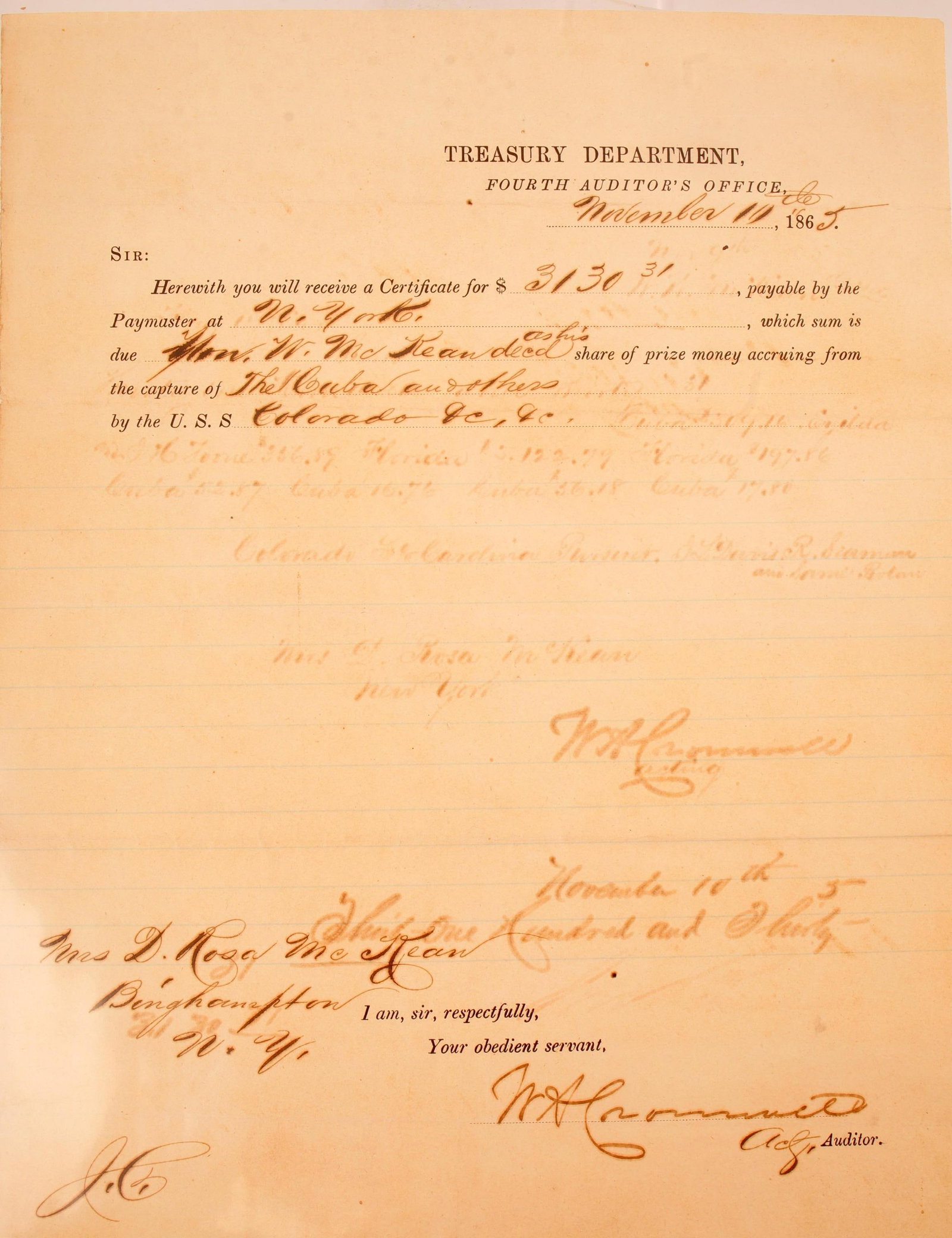 Admiral William McKean Capture Prize Money 1865 DS (1 of 3)