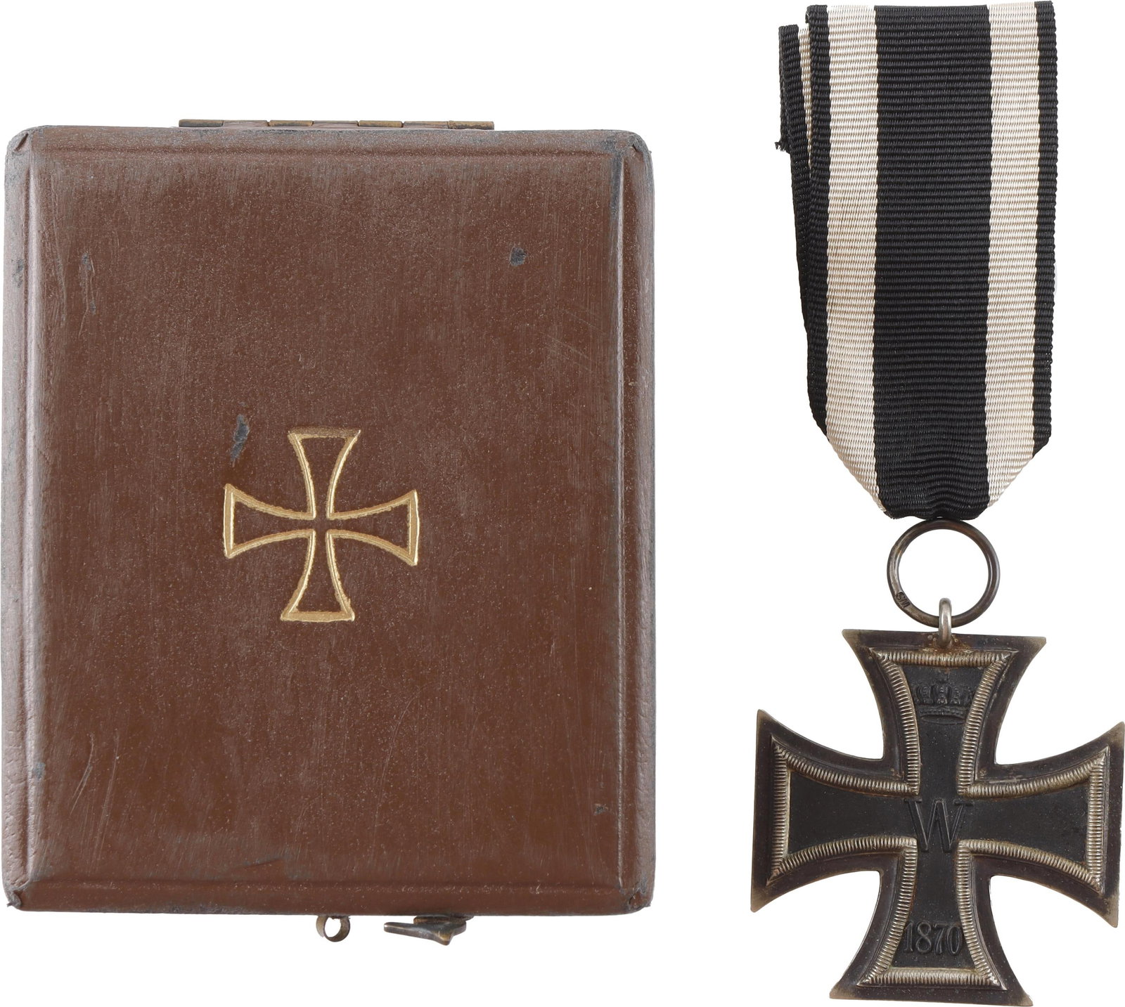 1870 Iron Cross 2nd Class Imperial German: Silvered frame with lacquered iron core. Magnetic. Marked SW for Sy Wagner on the ribbon ring. It measures 44.22mm. Comes in case. | This lot has a reserve.