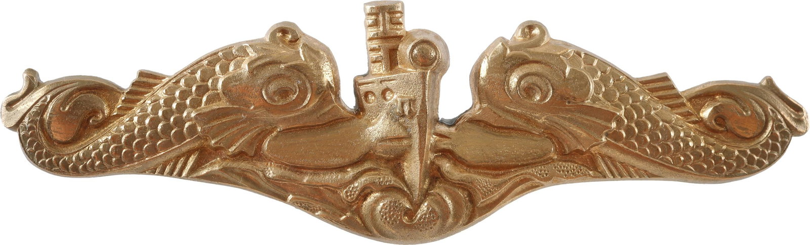 WWII US Submarine Dolphin Badge Vanguard Make: U.S. Submarine dolphin by Vanguard. Bronze construction with brass guilt. Measures 3 inches. | This lot has a reserve.