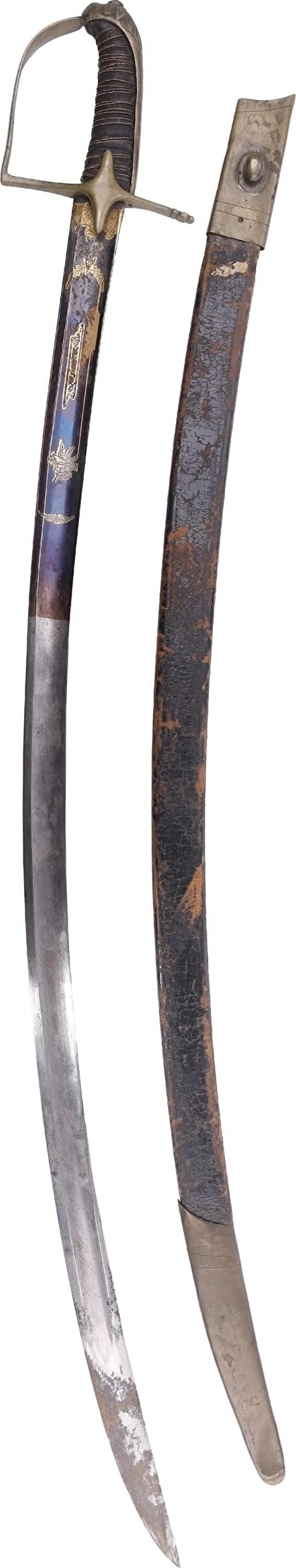 French Hussar Officer's Saber 19th Century: A French hussar officer's saber, with a blued blade and gilded inlays with floral designs. No maker's mark. Scabbard present. Approximate 36 inches in total length. | This lot has a reserve.