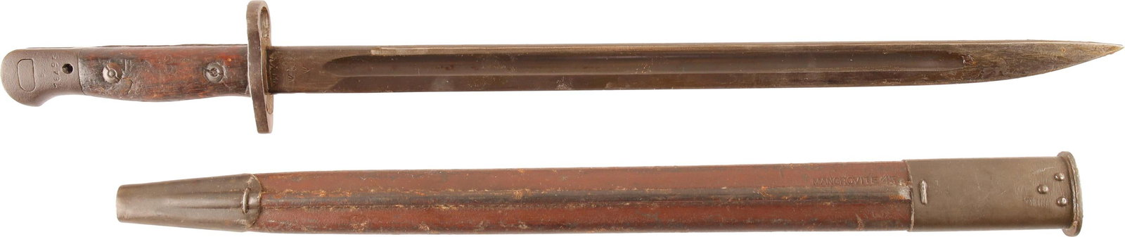 WWII Australian M1907 Bayonet with Scabbard: M1907 bayonet with scabbard. Grip stamped "Australia." Scabbard marked "Mangrovite '43." Ricasso has broad arrow, various inspection marks and "MA 1907 1." Dated "9 41." Blade length 17 inches. Overal