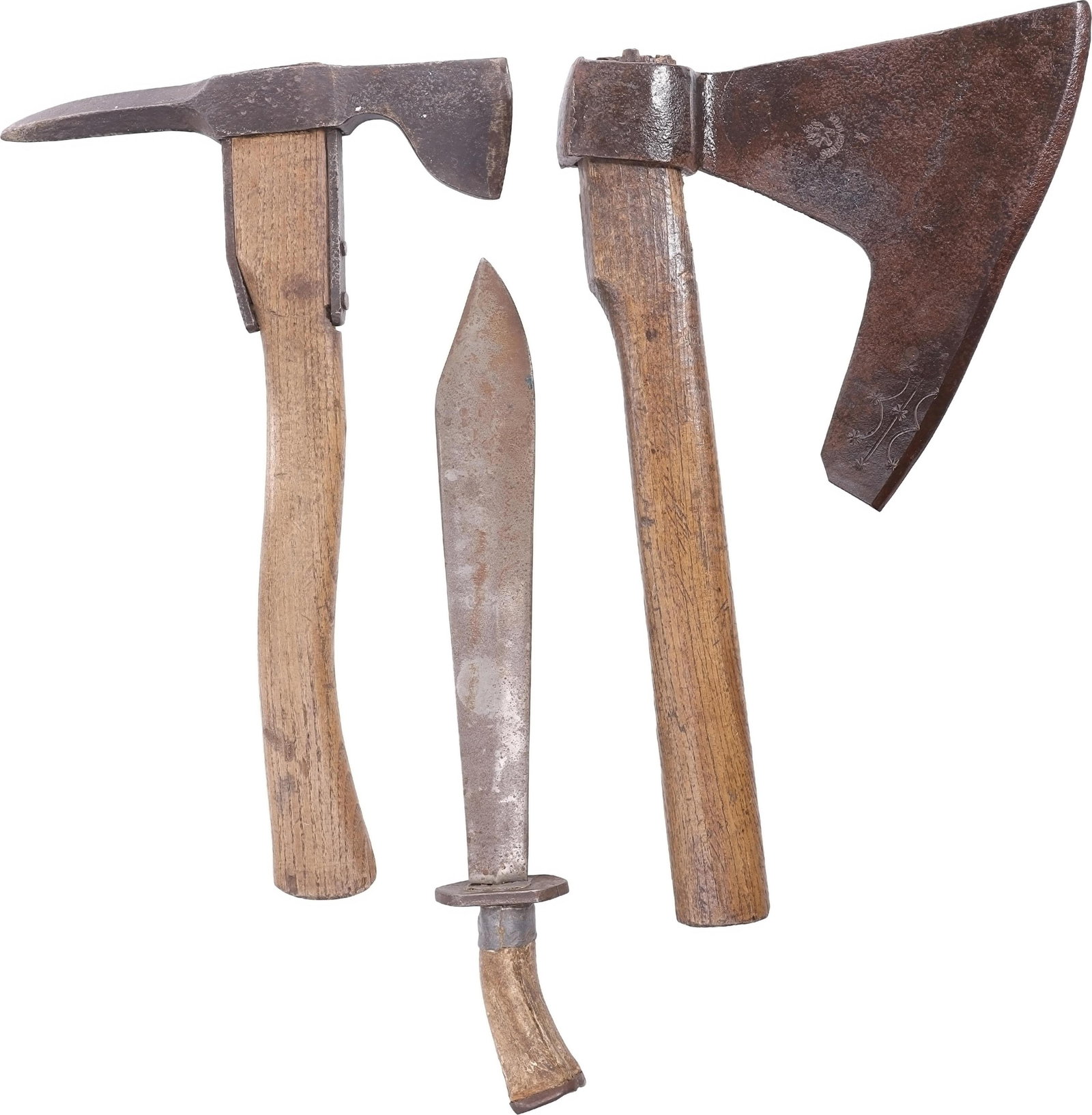 WWI German Trench Tool and Hewing Hatchet: Antique. Hewing hatchet measures 15 inches. Blade measures 9 7/8 inches. Trench tool measures 15 inches. Machete with no edge measures 15 1/4 inches.