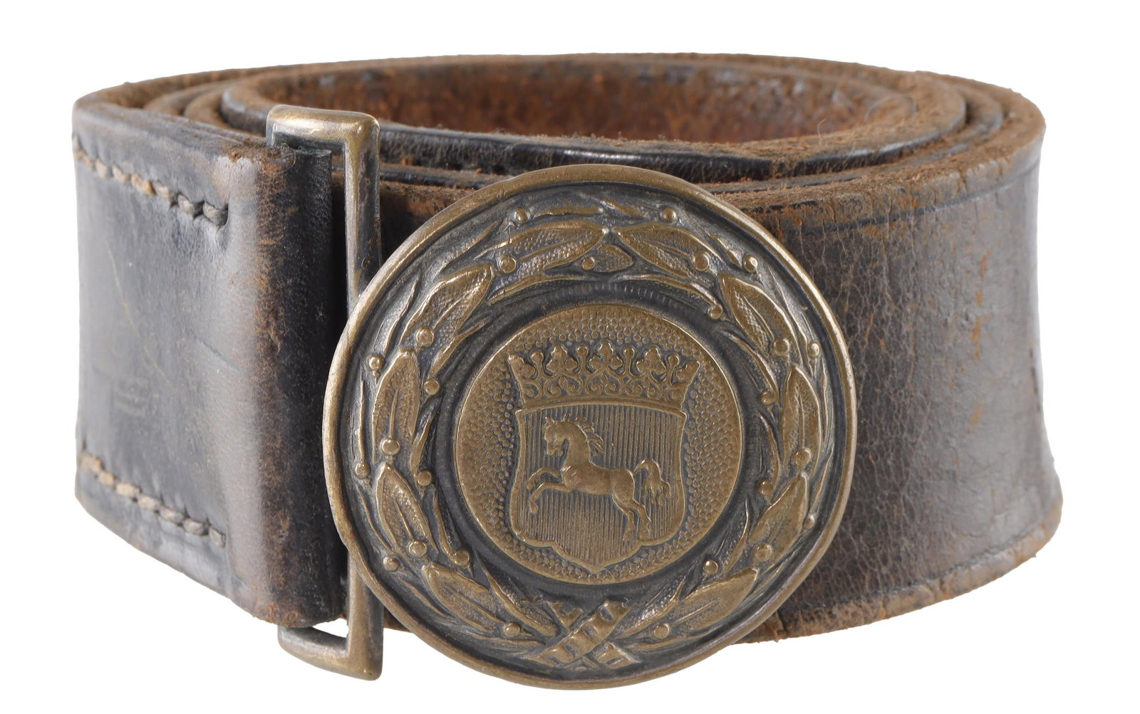 WWI German Equestrian Belt Leather Brass Buckle: A dark leather belt with a brass buckle. The buckle features a leaping horse centered over a crowned shield, surrounded by oak leaves. Measures 39 inches (42 inches including buckle) in length, and ap