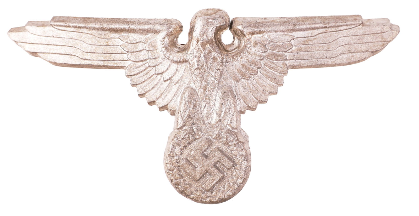 WWII Aluminum Eagle Pin for SS Officer Visor: Aluminum construction. Dual pinned missing 1 pin. Marked RZM SS 360/42. Measures 2 5/8 inches. Unauthenticated, sold as is. | This lot has a reserve.
