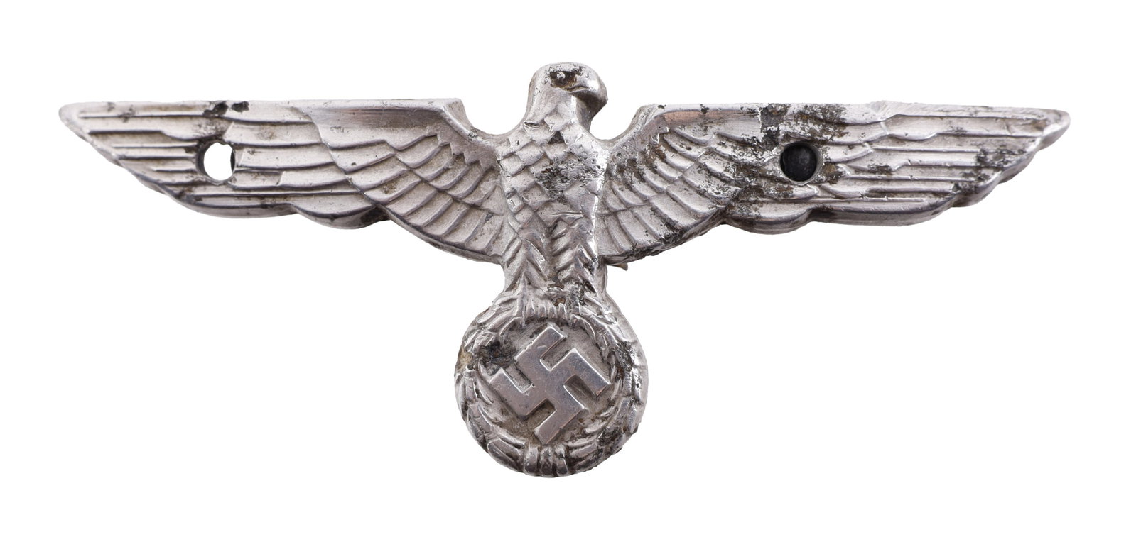 SS Visor Cap Eagle WWII German Reich: SS Parteiadler visor pin. Aluminum construction. Measures 2 3/8 inches.