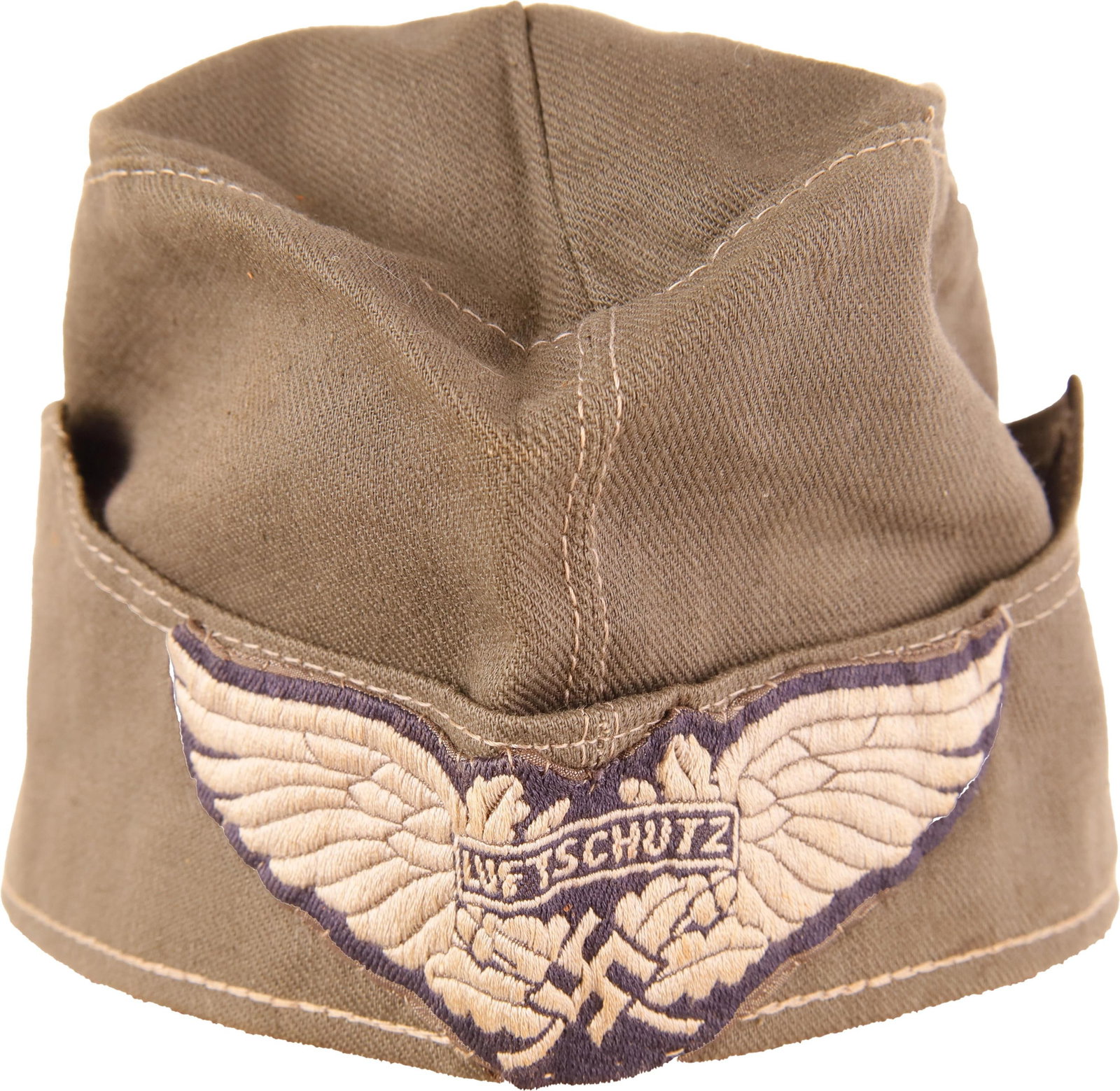 WWII German Luftschutz Side Cap: Grey side cap with Luftschutz patch. Interior is rayon or silk. Size 55 printed on interior. Unauthenticated. Non-fluorescing.