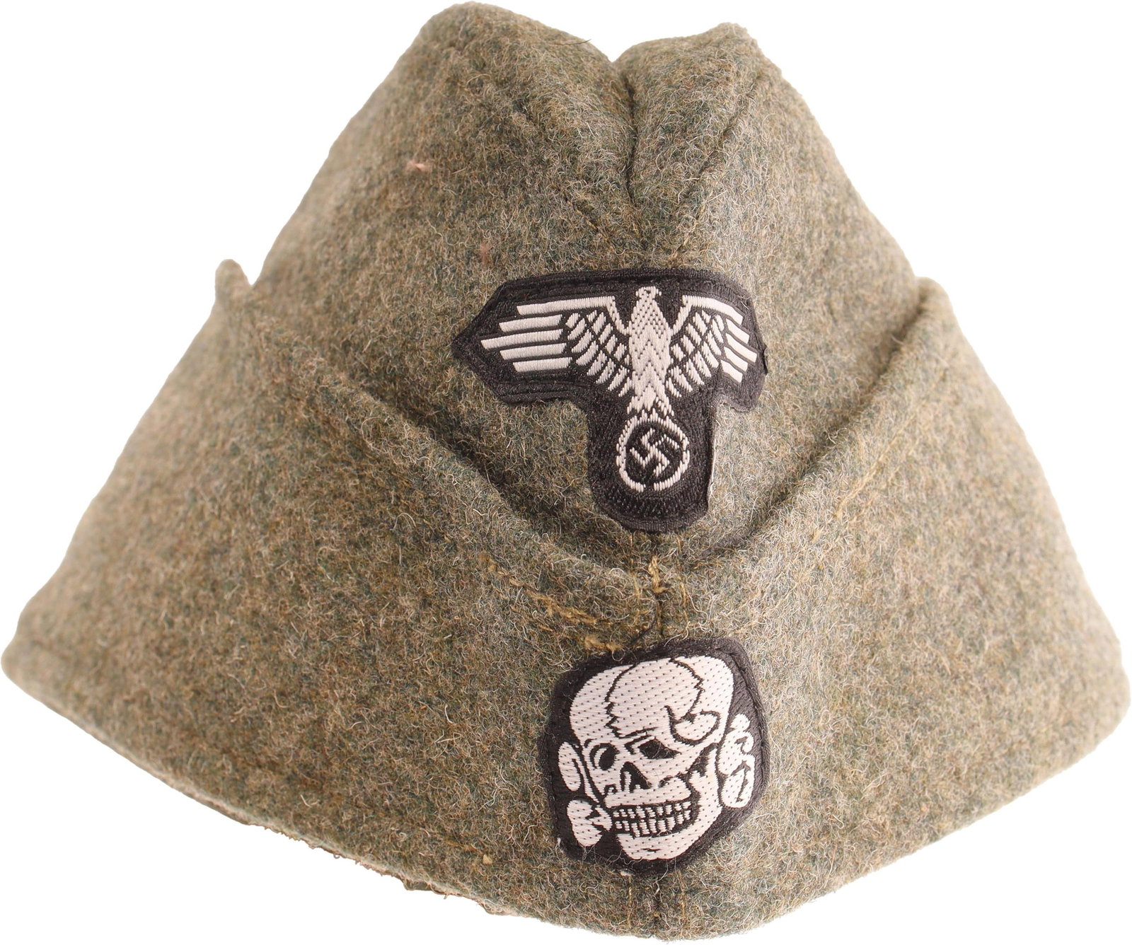 WWII Waffen SS Overseas Side Cap Reich: Overseas cap issued to the Waffen SS during the German Third Reich. Sewn Totenkopf and Reichsadler patches on front end. Marked "61" on cap interior. Unauthenticated.
