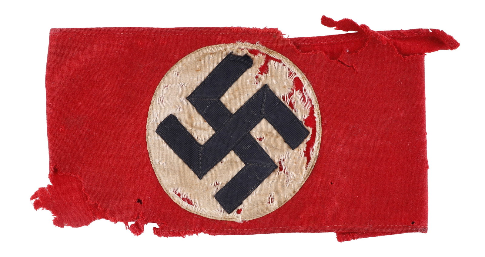 SS Armband German Reich WWII: SS armband with rayon three-piece construction. Measures approximately 4 1/2 inches in height. Non-fluorescing.