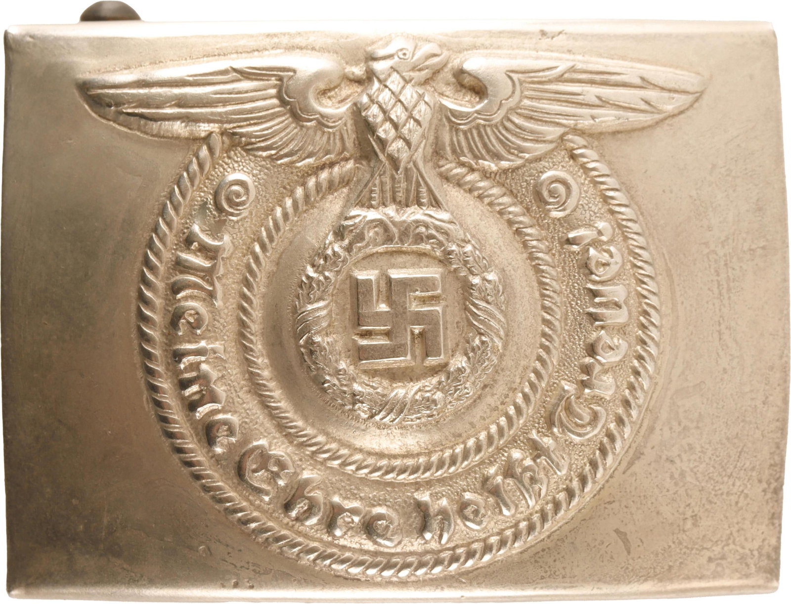 SS Officer Dress Belt Buckle WWII German Reich: Nickel silver belt buckle with SS motto. O & C Ges Gesch make. It measures 2 1/2 inches. Non-magnetic body. | This lot has a reserve.