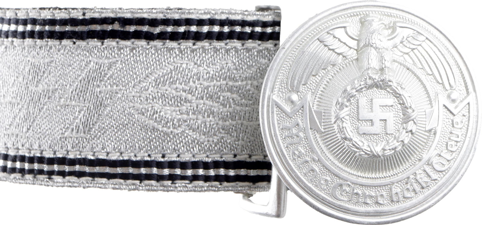 WWII Waffen SS Officer's Brocade Belt German Reich: SS Officer Brocade belt with silver-aluminum fabric construction. Buckle is constructed of aluminum alloy and displays RZM and SS stamps on reverse. Buckle measures approximately 2 inches in diameter.