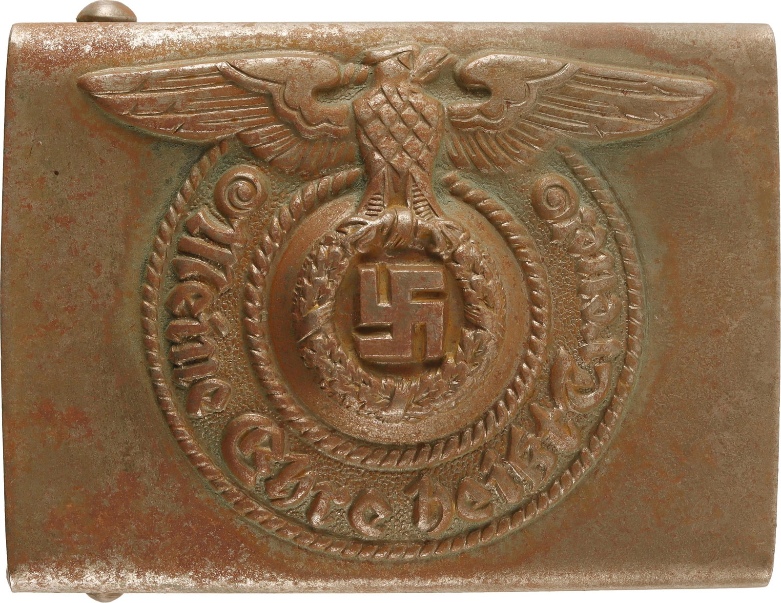 SS Combat Belt Buckle WWII German Reich: Standard SS motto with Reichsadler. It measures 2 5/8 inches. RODO marked. Some original paint remains. | This lot has a reserve.