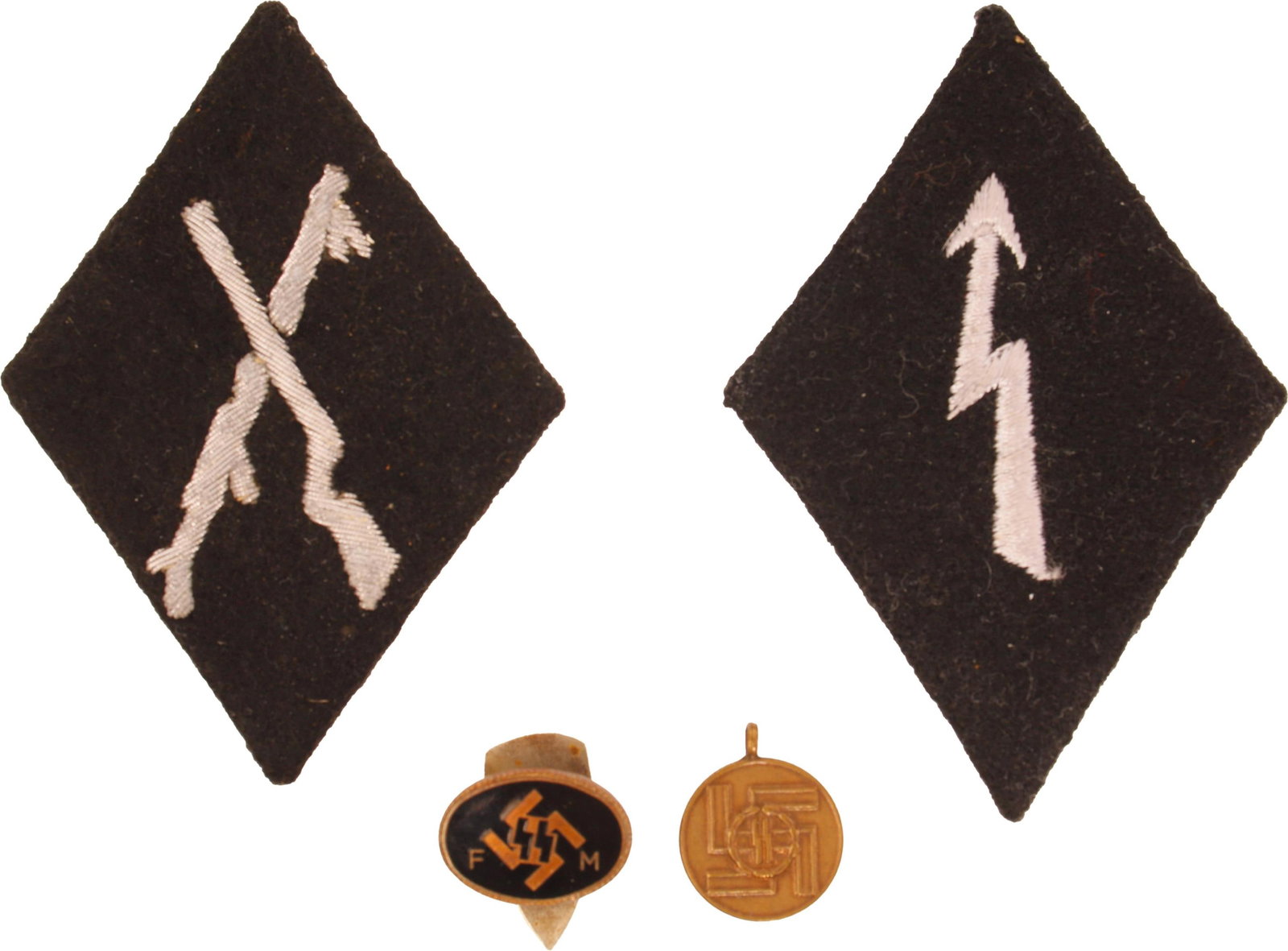 SS FM Lapel Pin, Collar Tabs & 8 Year Service Mini: Lot of four (4) pieces. Includes SS FM lapel pin marked on reverse "RZM L/17," pair of bullion embroidered wool collar tabs including SS-Nachrichteneinheiten Staff tab, and SS 8-Year Long Service Awar