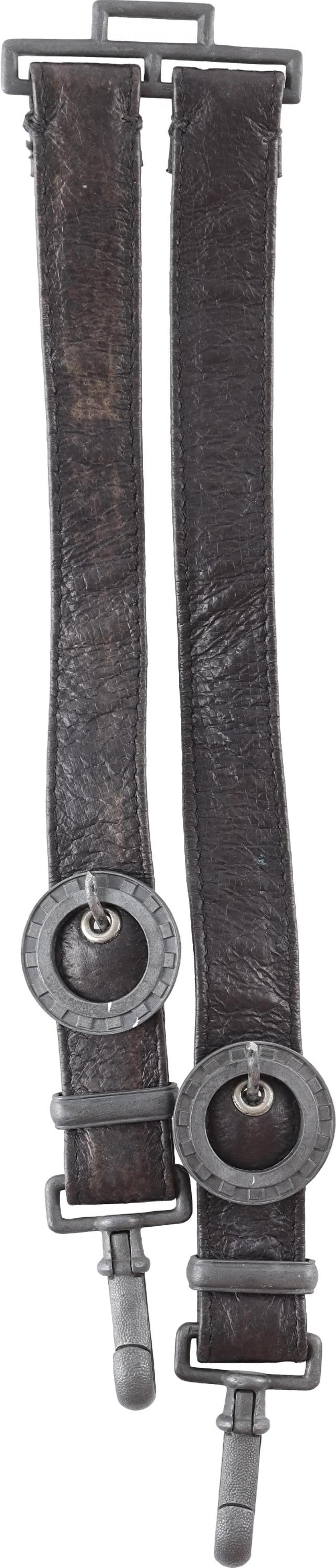 TeNo Dagger Hangers WWII German: TeNo officer field service wear dagger hangers. Leather straps with zinc unplated fittings for wear in non-parade service. It measures 11 inches. | This lot has a reserve.