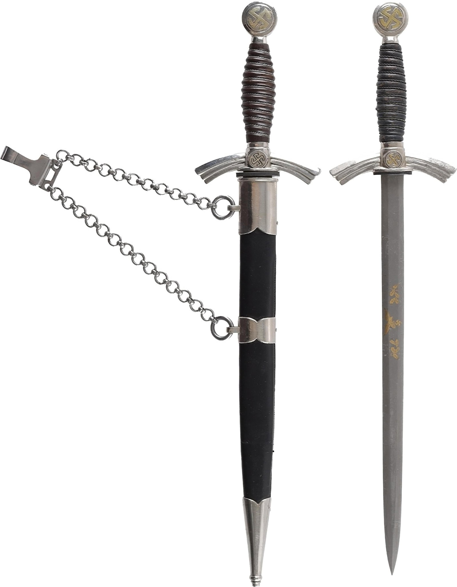 First Model Luftwaffe Dagger WWII German 2 Pcs: Simulated Damascus steel blade with complete scabbard. The other is Damascus with gold eagle. They measure 19 1/4 inches. | This lot has a reserve.