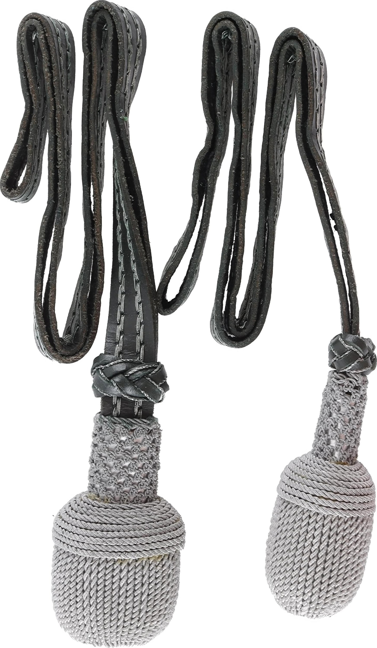 WWII German Wehrmacht Officer Sword Portepee 2 Pcs: Aluminum bullion heads with leather and threaded aluminum bullion. The heads measure 1 5/8 inches. Straps measure 14 1/4 inches. | This lot has a reserve.