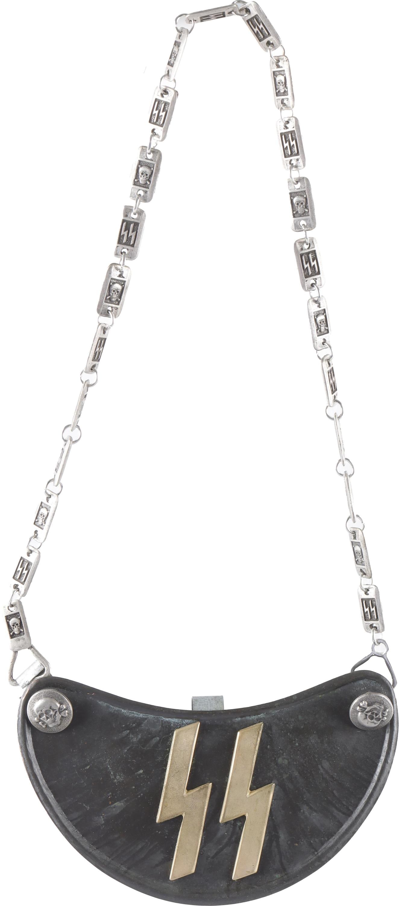 WWII German Third Reich SS Gorget Armor: A cloth-backed gorget with SS runes on the front of the plate, and a skulls-and-runes chain. Chain attaches at either corner, and is capped with two skull buttons; the backs of the buttons are marked 
