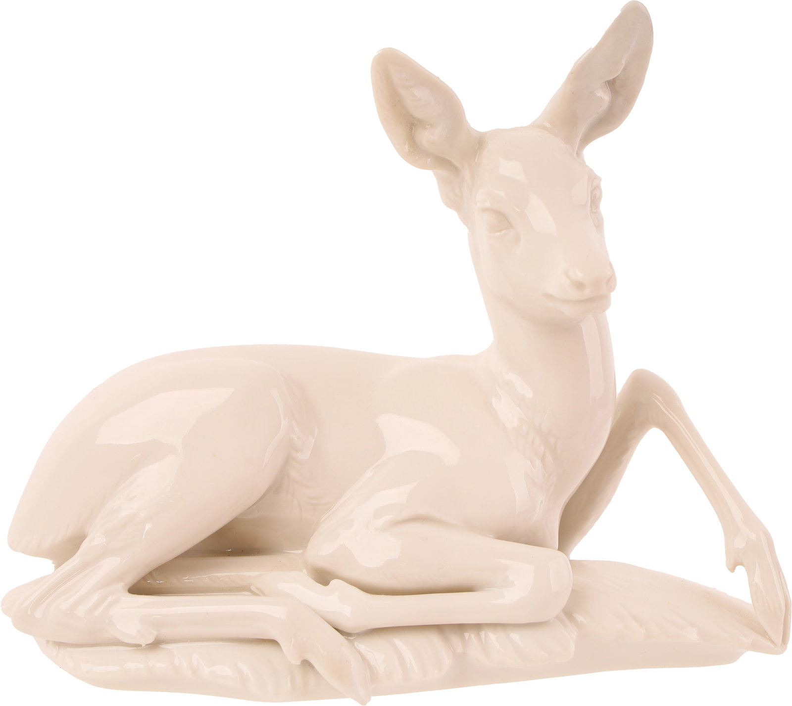 SS Allach Porcelain Lying Fawn Figurine: Original Allach porcelain ceramic animal figurine depicting a lying fawn. Designed by Professor Theodor Karner. Underside features impressed artist signature "Prof. Th. Karner," stylized SS runes and 
