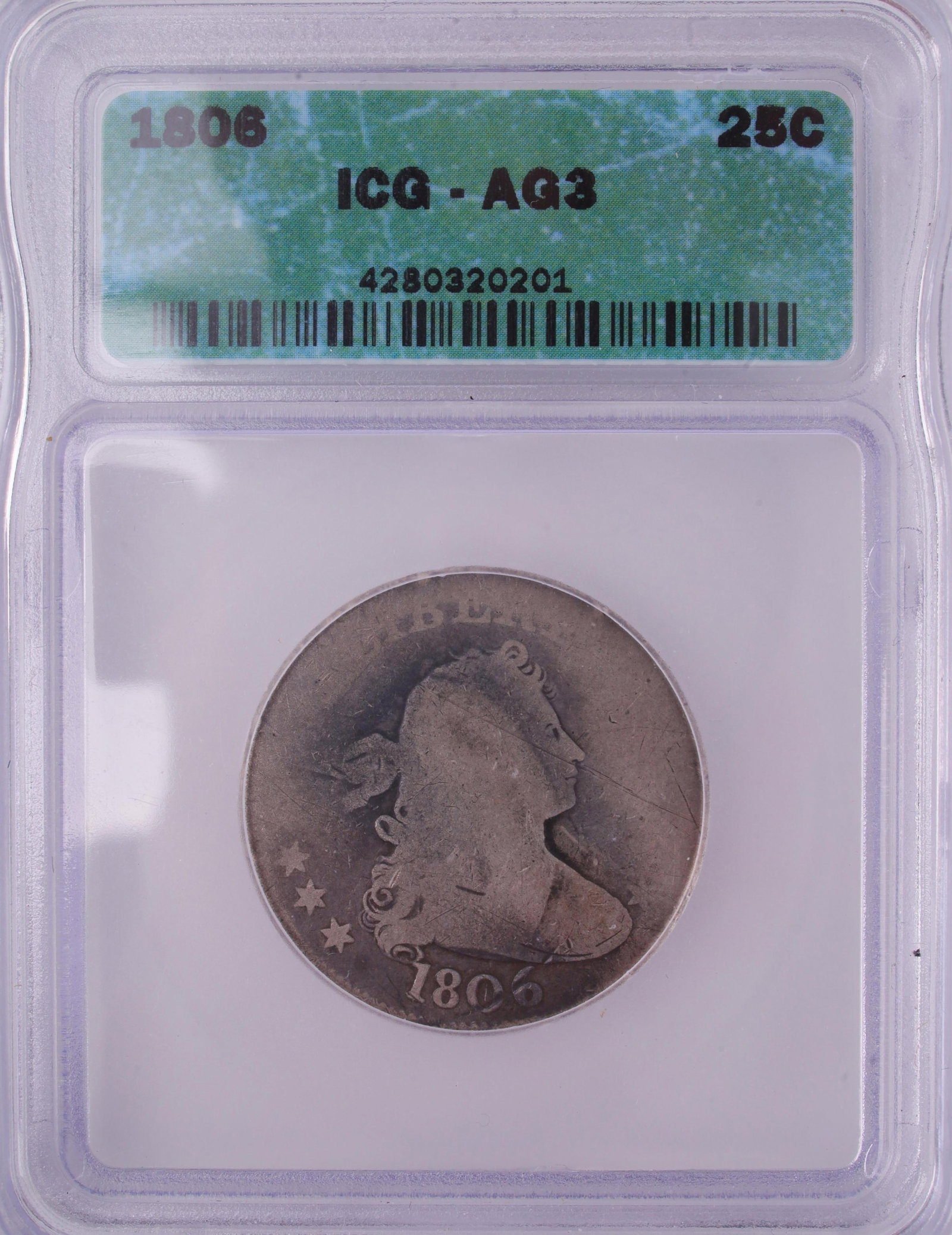 US 1806 Draped Bust Silver Quarter ICG AG3: United States 1806 Draped Bust silver quarter. Encapsulated and graded AG3 by ICG. Metal: Silver Country of Origin: US Year Minted: 1806 Index Number: 4280320201.