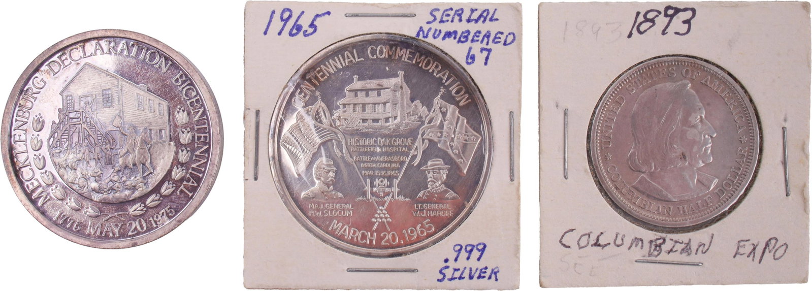 Commemorative Silver Coin & Medal Lot of 3: Lot of three (3) American commemorative silver issues. Includes 1893 Columbian Exposition silver half dollar featuring a right-facing bust of Christopher Columbus and the flagship Santa Maria, a 1975 