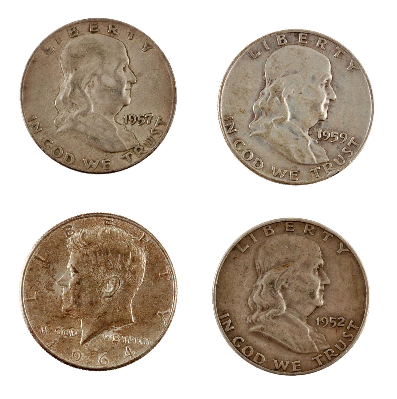 Four US Silver Half Dollars Denver Mint Lot of 4: Lot of four (4) US silver half dollar 50c coins. Includes Franklin half dollars 1952-D, 1957-D, 1959-D and one 1964 Kennedy half dollar. Metal: Silver Country of Origin: US Year Minted: 1952-D, 1957-D