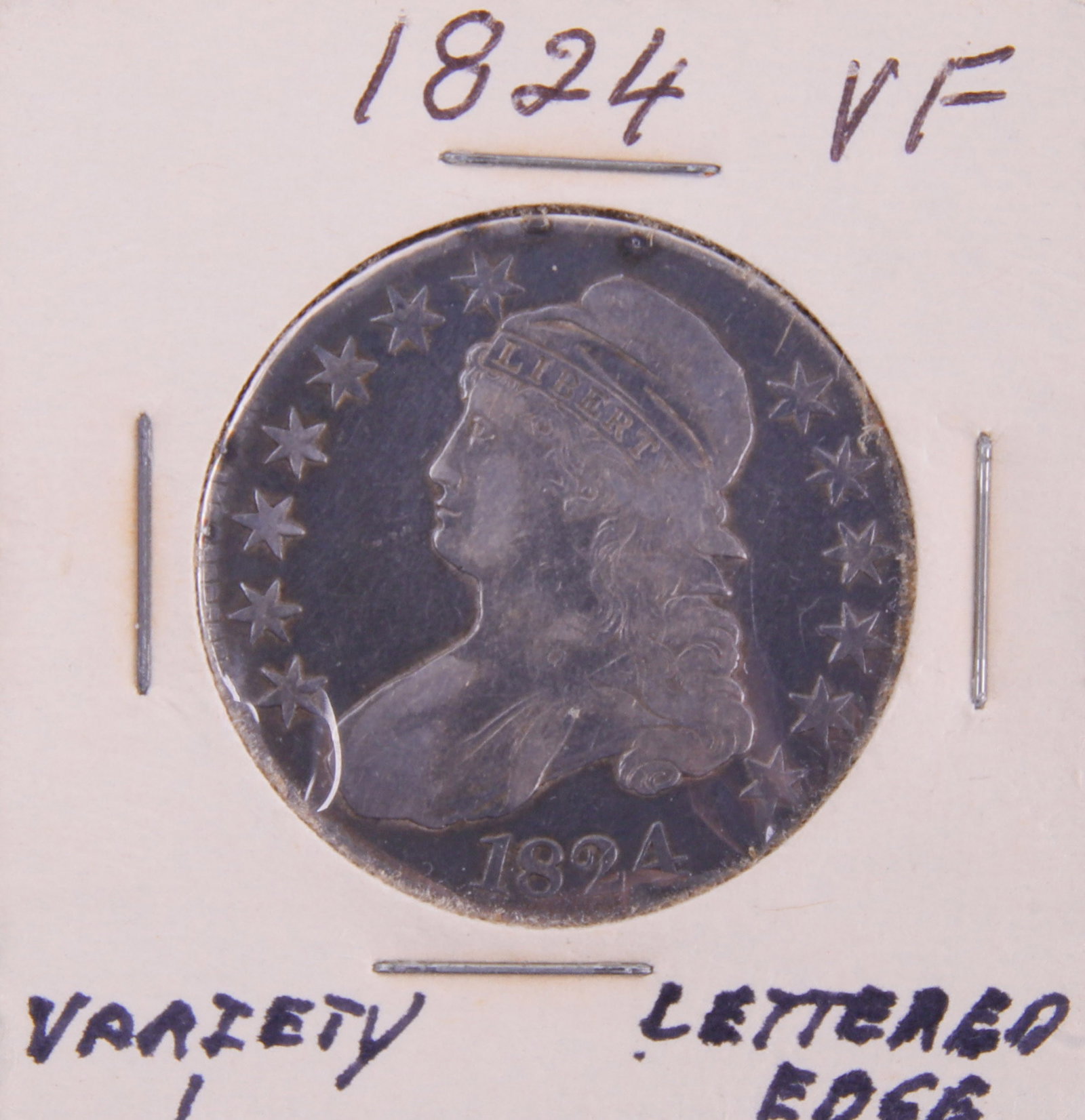 US 1824 Capped Bust Silver Half Dollar VF: United States 1824 Capped Bust silver half dollar. Type 1, Lettered Edge variety (Normal Date). Metal: Silver Country of Origin: US Year Minted: 1824.