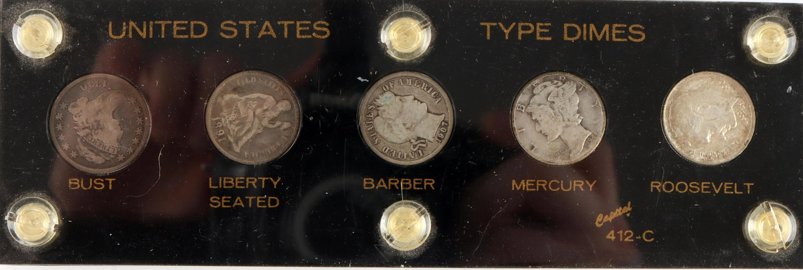 5 Silver Dimes Type Dime Set Capital Plastics: Lot of five (5) US dimes 10c silver coins in vintage Capital Plastics 412-C display. Includes an 1830 Capped Bust, 1891 Seated Liberty, 1907 Barber, 1943 Mercury and 1964 Roosevelt dime. Metal: Silver