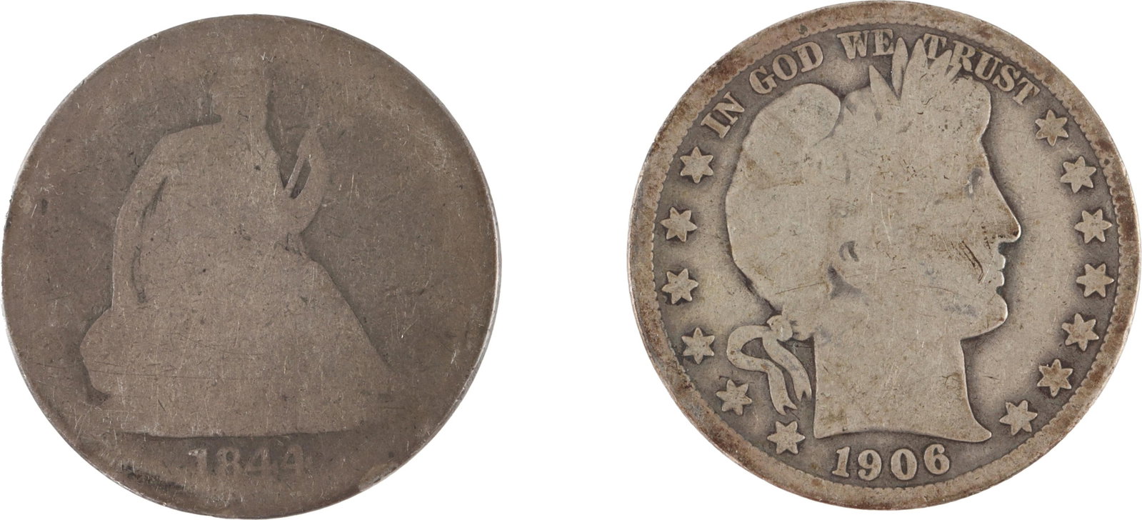 New Orleans Silver Half Dollar Lot of 2: Lot of two (2) New Orleans silver half dollars. Includes 1844-O Seated Liberty and 1906-O Barber half dollar. Metal: Silver Country of Origin: US Year Minted: 1844, 1906.